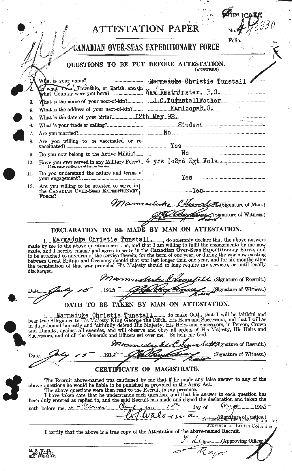 Dossiers du Personnel de la Première Guerre mondiale - CEC 644506a