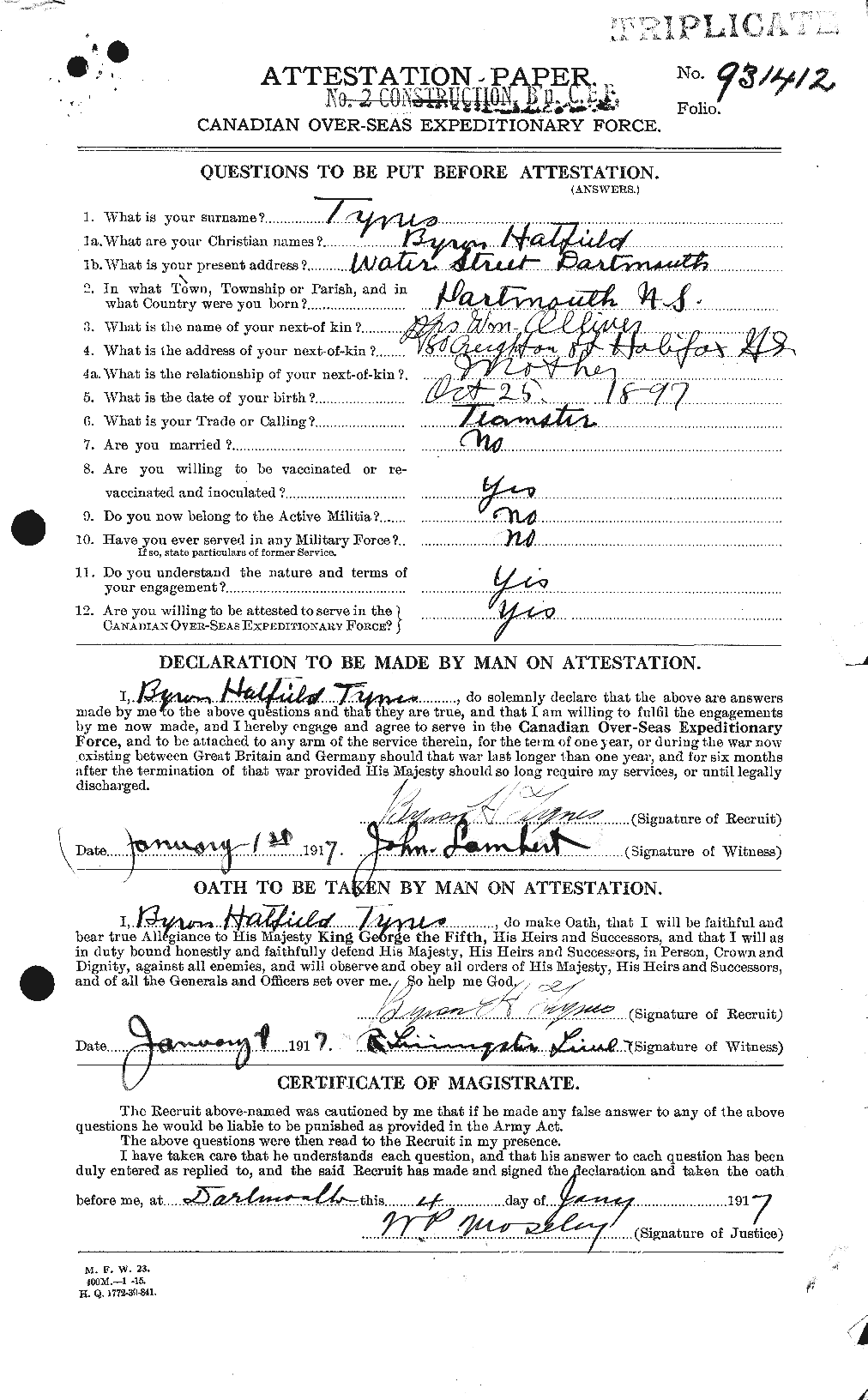 Dossiers du Personnel de la Première Guerre mondiale - CEC 644535a
