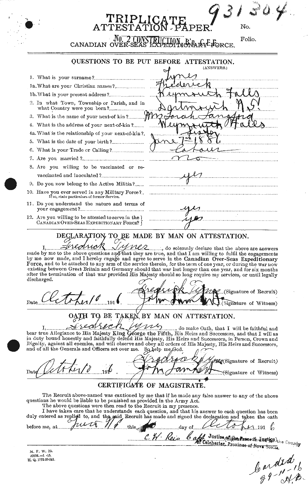 Dossiers du Personnel de la Première Guerre mondiale - CEC 644536a