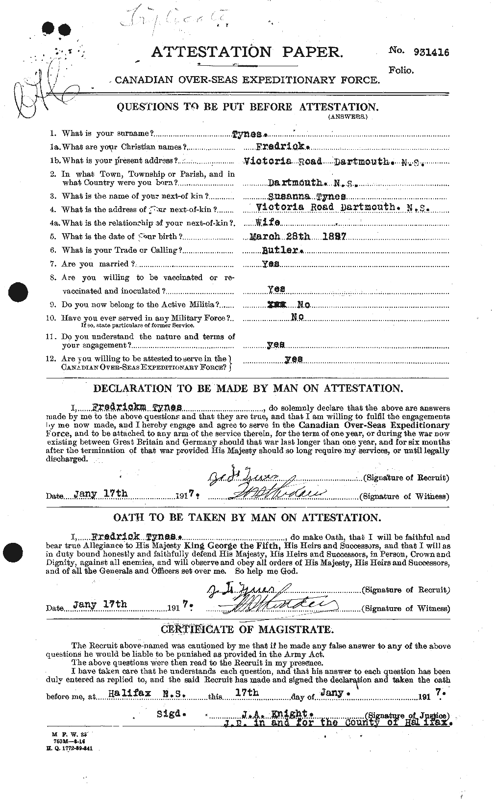 Dossiers du Personnel de la Première Guerre mondiale - CEC 644537a