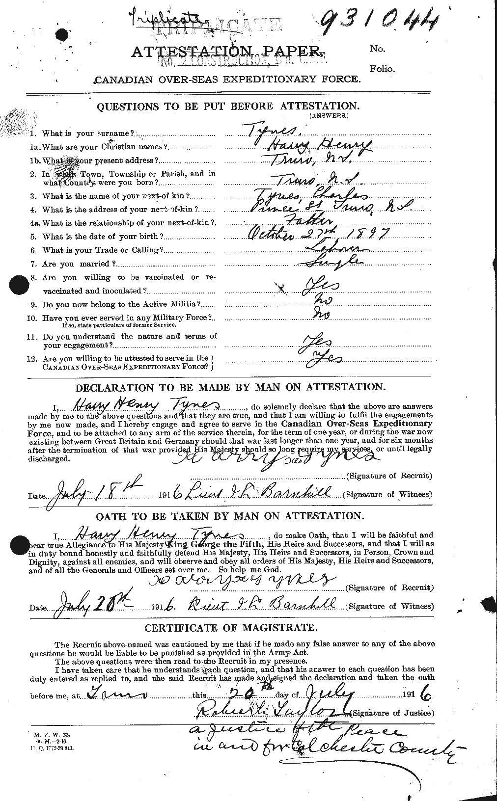 Dossiers du Personnel de la Première Guerre mondiale - CEC 644539a