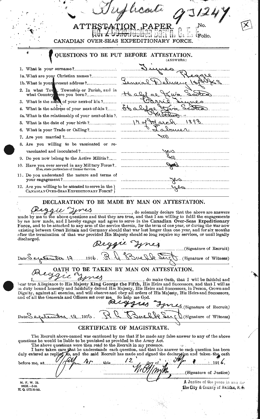 Dossiers du Personnel de la Première Guerre mondiale - CEC 644540a