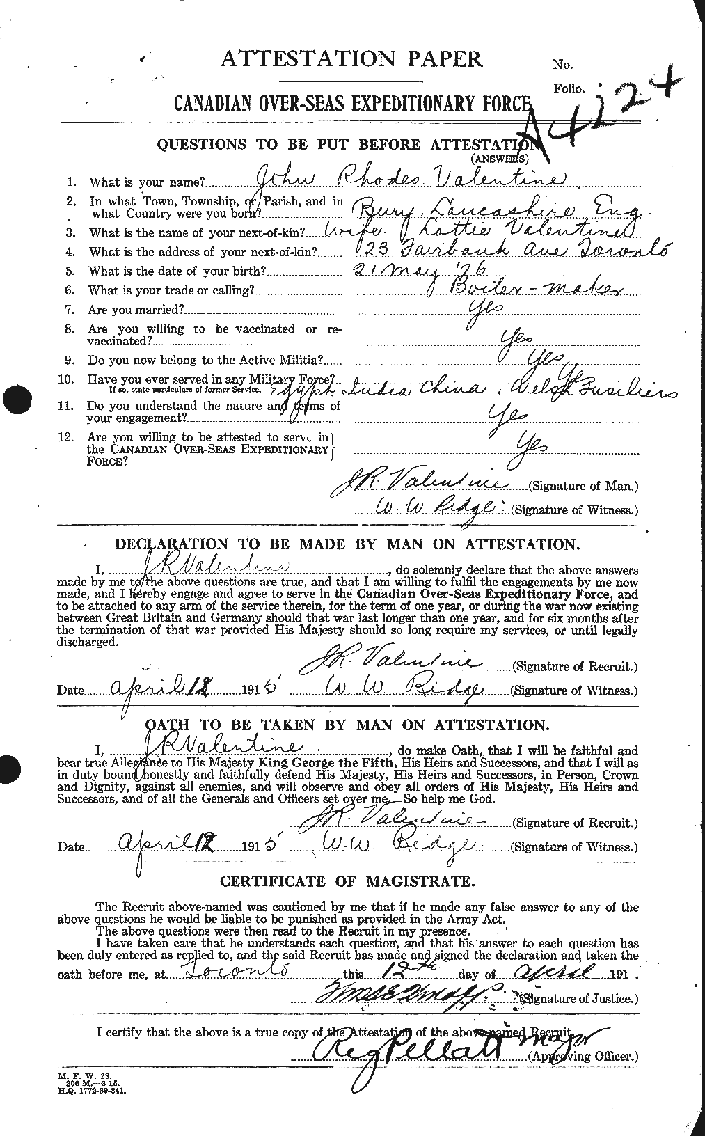 Personnel Records of the First World War - CEF 645024a