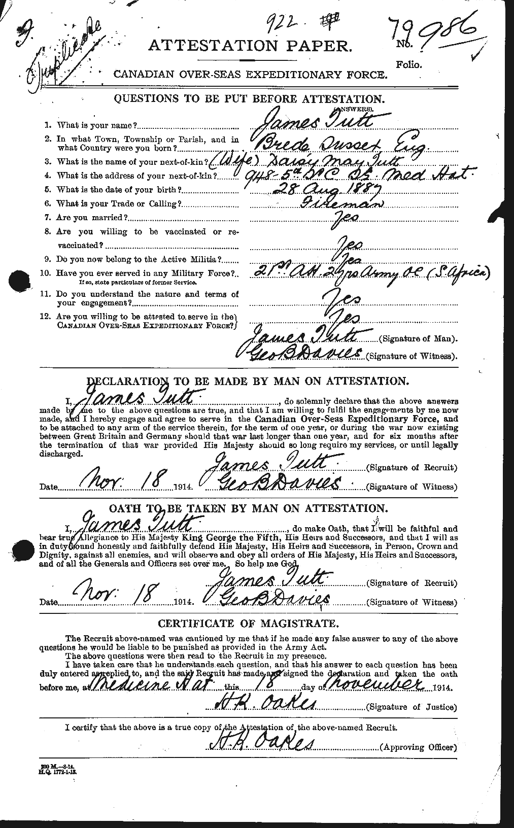 Dossiers du Personnel de la Première Guerre mondiale - CEC 645338a