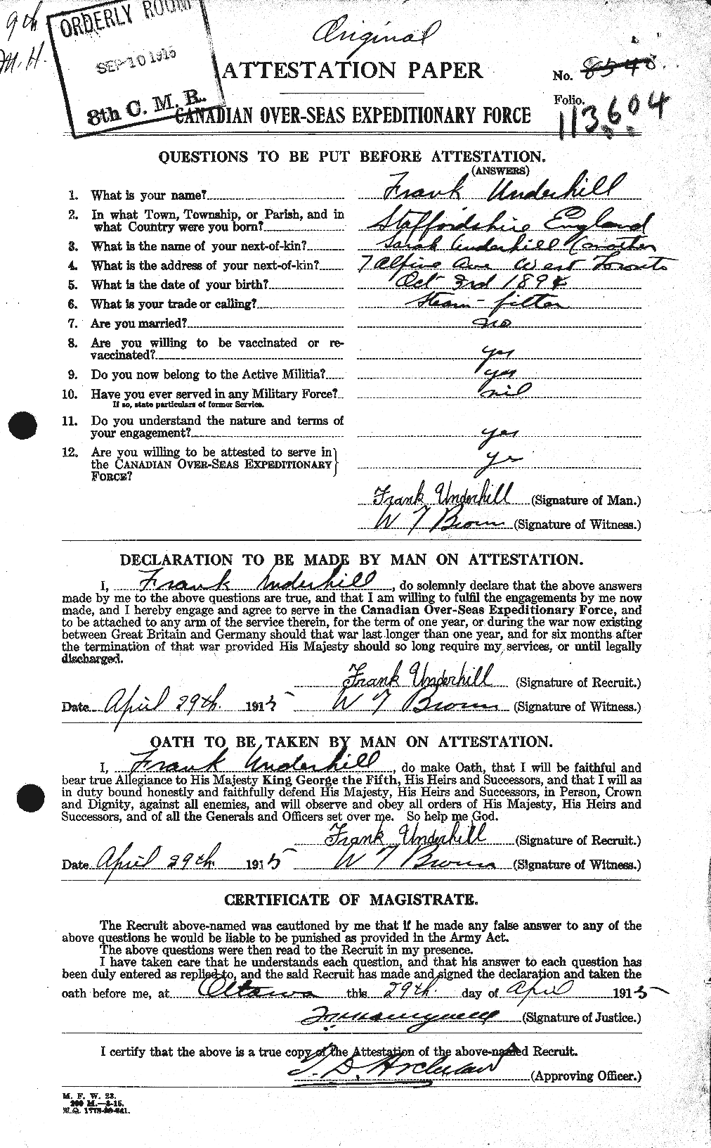 Dossiers du Personnel de la Première Guerre mondiale - CEC 647082a