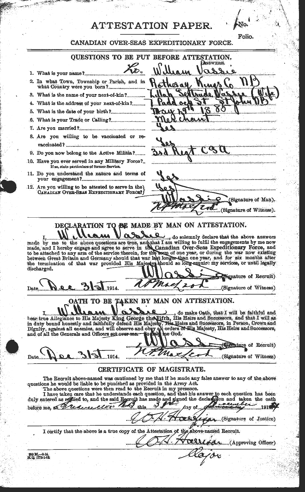 Dossiers du Personnel de la Première Guerre mondiale - CEC 647749a