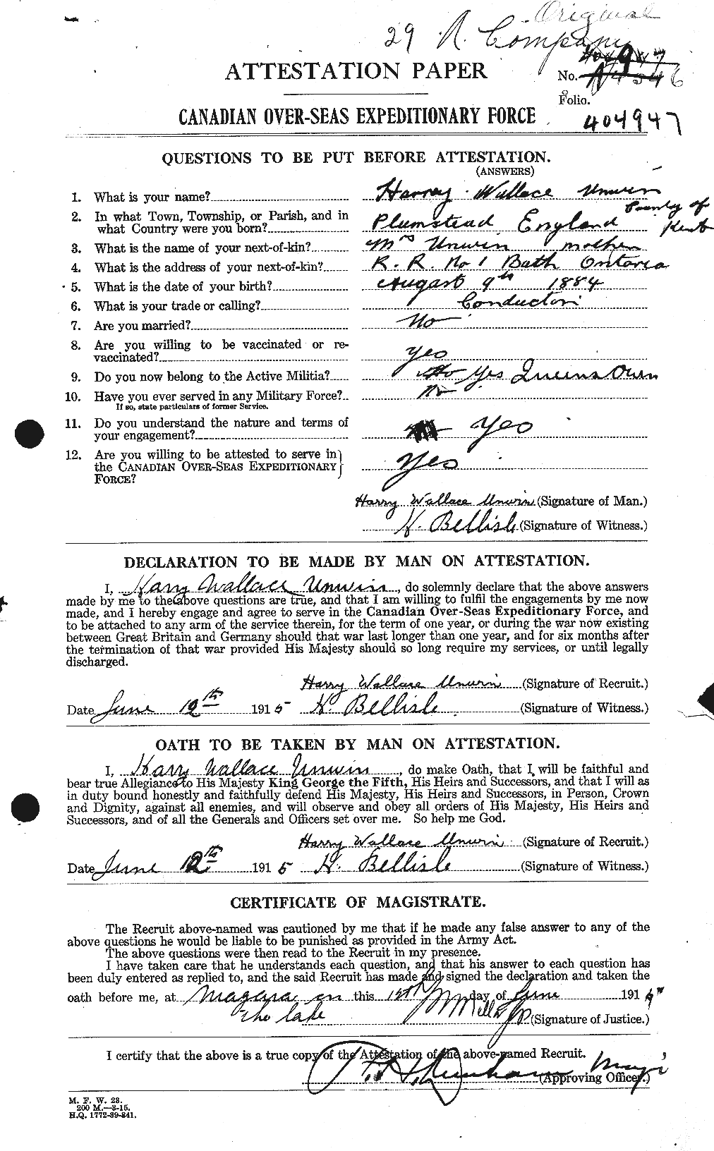 Dossiers du Personnel de la Première Guerre mondiale - CEC 648073a