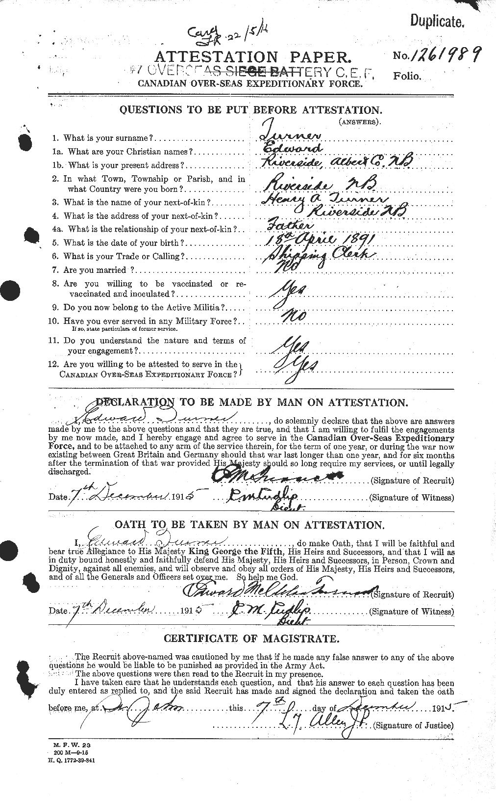 Dossiers du Personnel de la Première Guerre mondiale - CEC 648381a