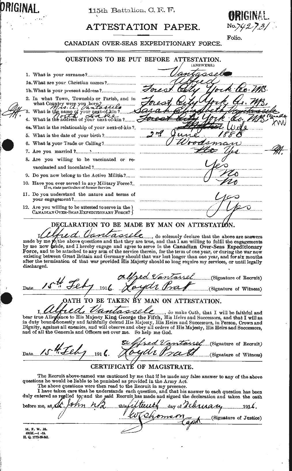 Dossiers du Personnel de la Première Guerre mondiale - CEC 648952a