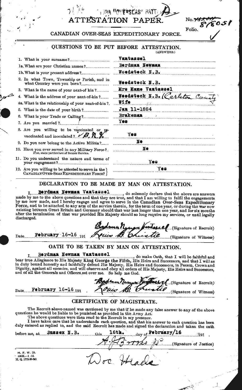 Dossiers du Personnel de la Première Guerre mondiale - CEC 648953a