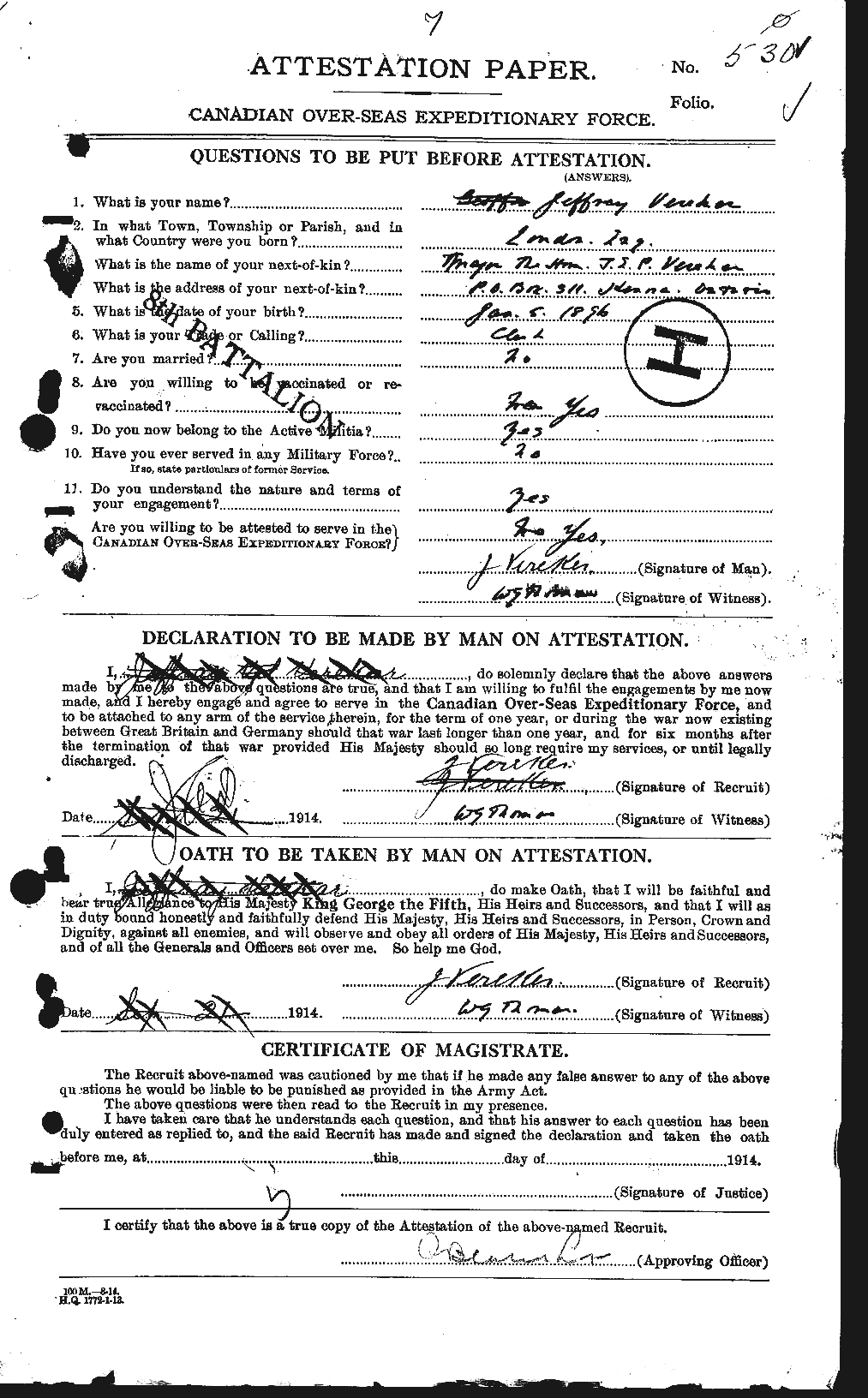 Dossiers du Personnel de la Première Guerre mondiale - CEC 649445a