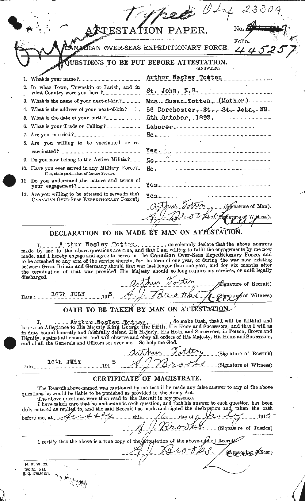 Dossiers du Personnel de la Première Guerre mondiale - CEC 650062a
