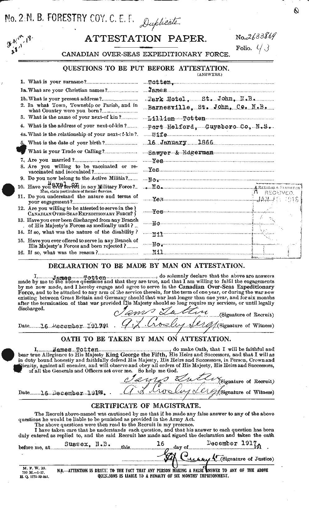 Dossiers du Personnel de la Première Guerre mondiale - CEC 650072a