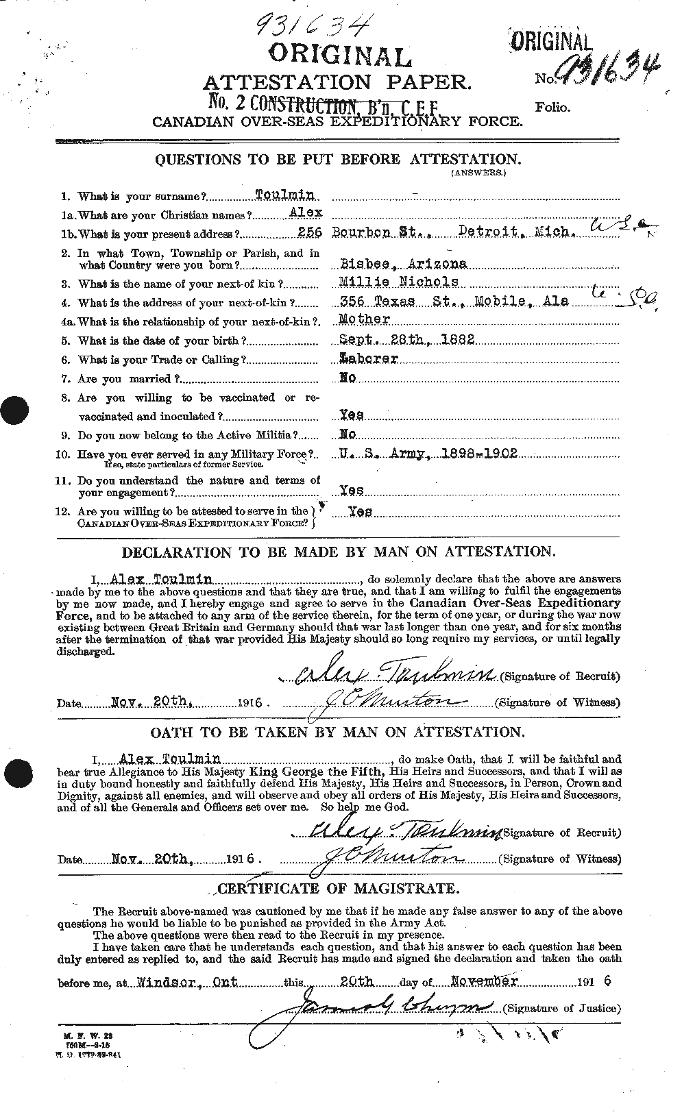 Dossiers du Personnel de la Première Guerre mondiale - CEC 650180a