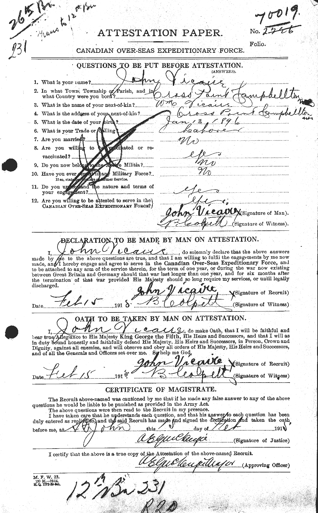 Dossiers du Personnel de la Première Guerre mondiale - CEC 652129a