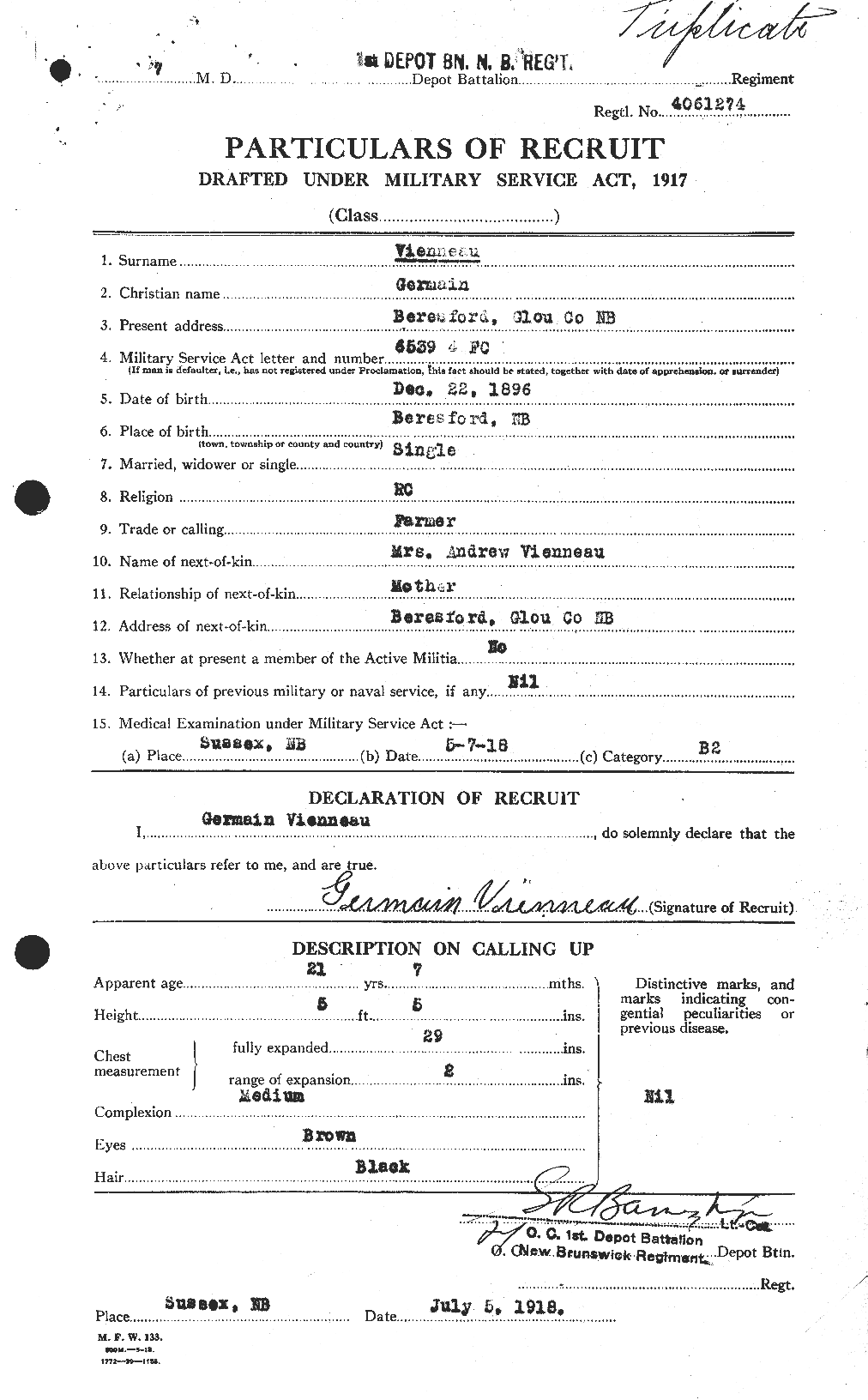 Dossiers du Personnel de la Première Guerre mondiale - CEC 652376a