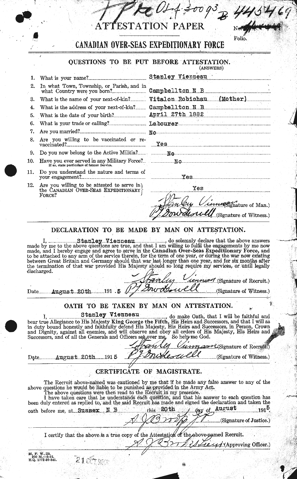 Dossiers du Personnel de la Première Guerre mondiale - CEC 652383a