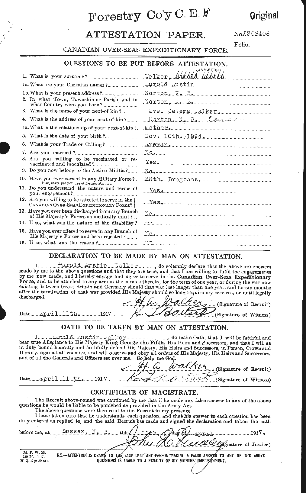 Dossiers du Personnel de la Première Guerre mondiale - CEC 652818a