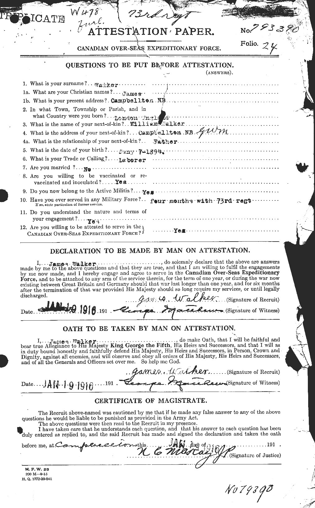 Dossiers du Personnel de la Première Guerre mondiale - CEC 652947a