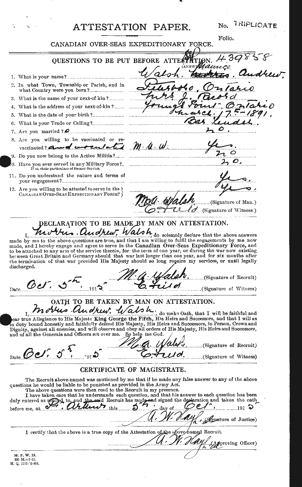 Dossiers du Personnel de la Première Guerre mondiale - CEC 653424a