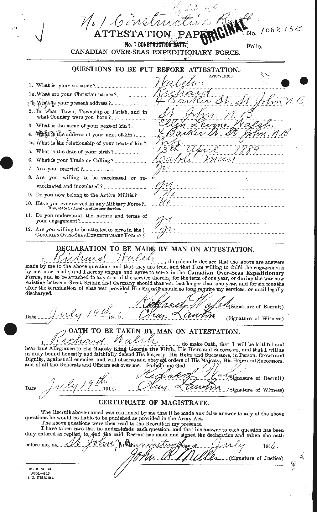 Dossiers du Personnel de la Première Guerre mondiale - CEC 653487a