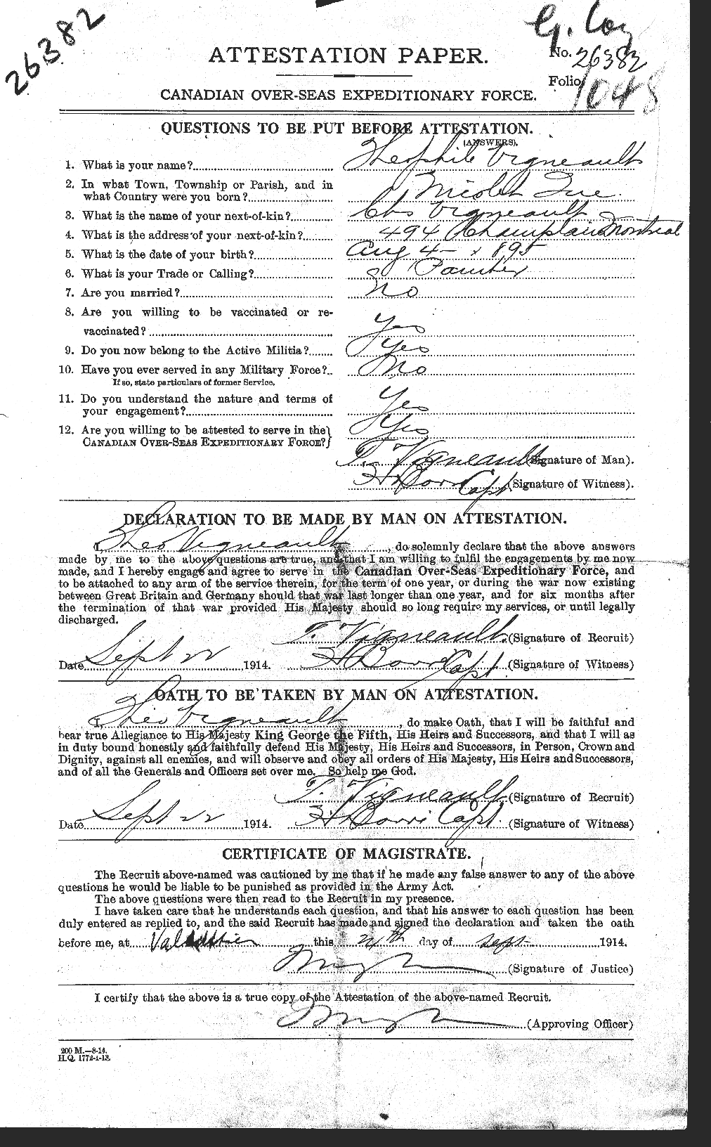 Dossiers du Personnel de la Première Guerre mondiale - CEC 653704a