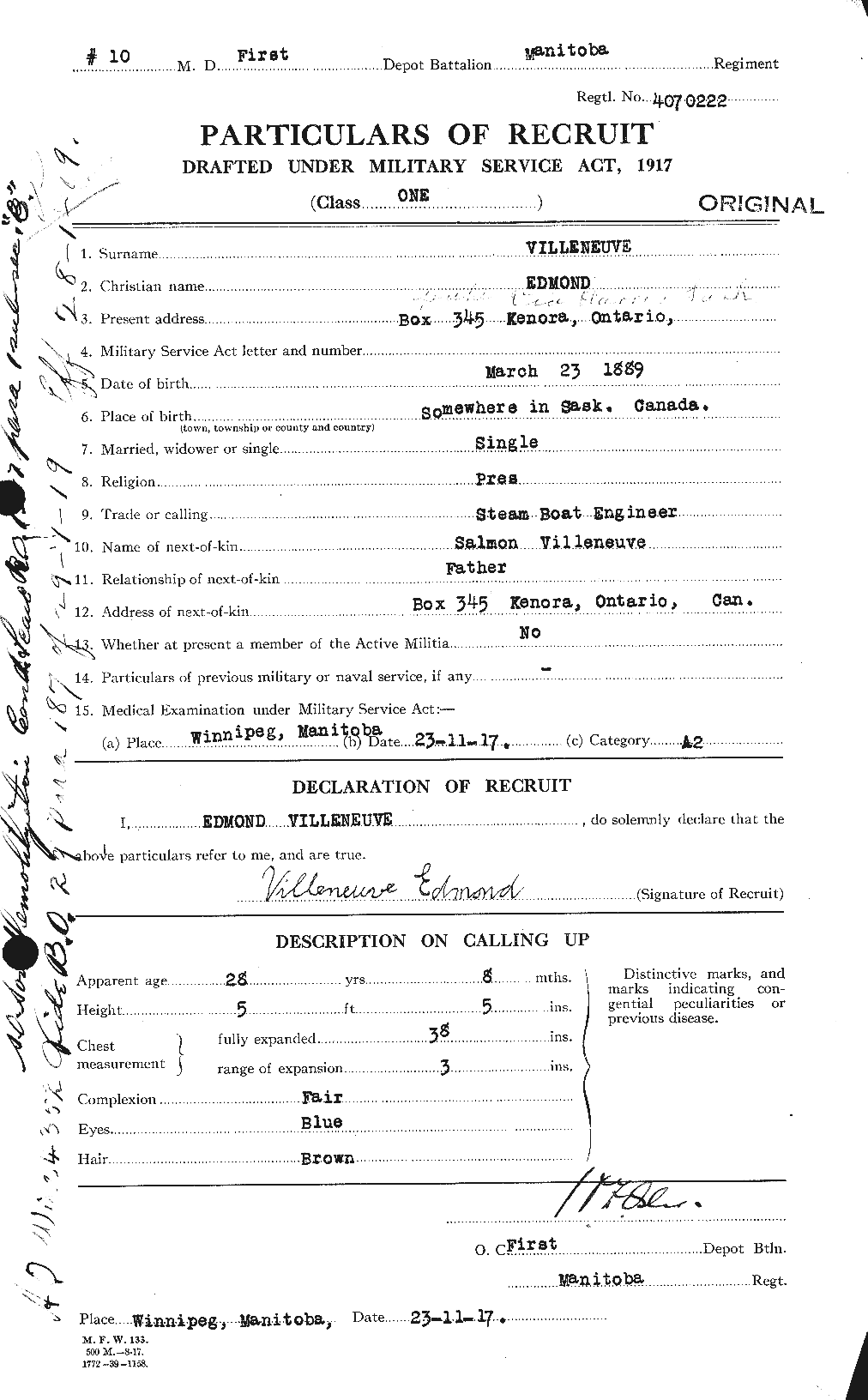 Dossiers du Personnel de la Première Guerre mondiale - CEC 653808a