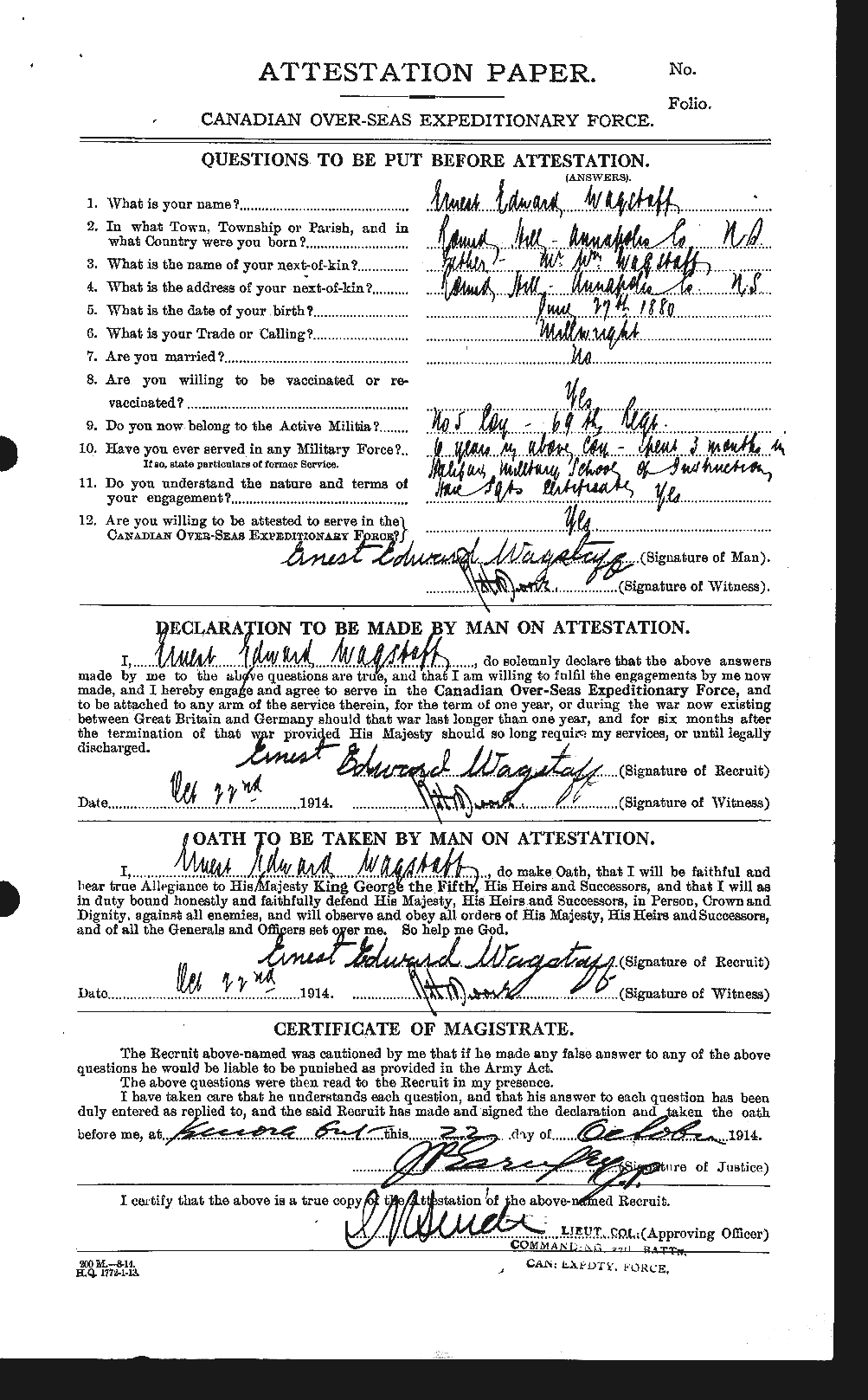 Dossiers du Personnel de la Première Guerre mondiale - CEC 654052a