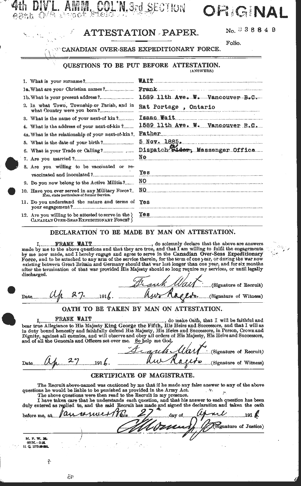 Personnel Records of the First World War - CEF 654211a