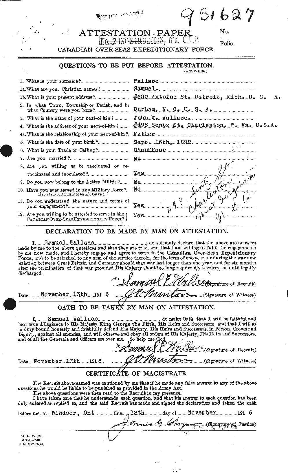 Dossiers du Personnel de la Première Guerre mondiale - CEC 654746a