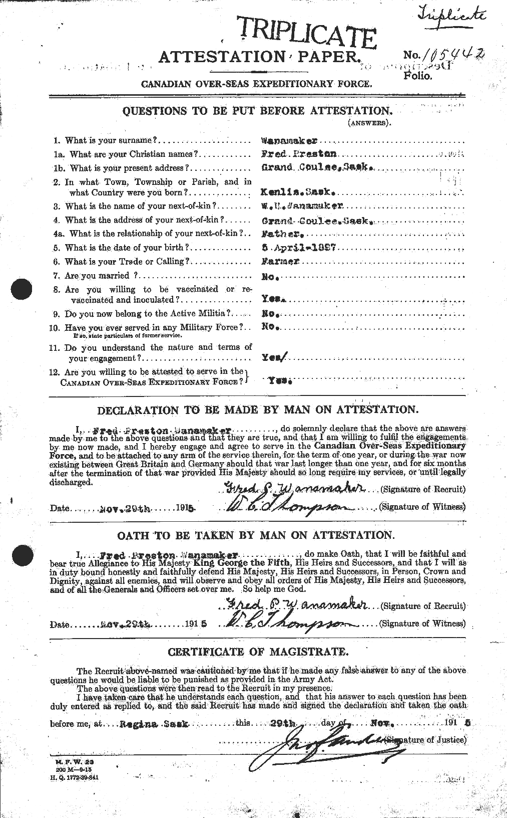 Dossiers du Personnel de la Première Guerre mondiale - CEC 654906a