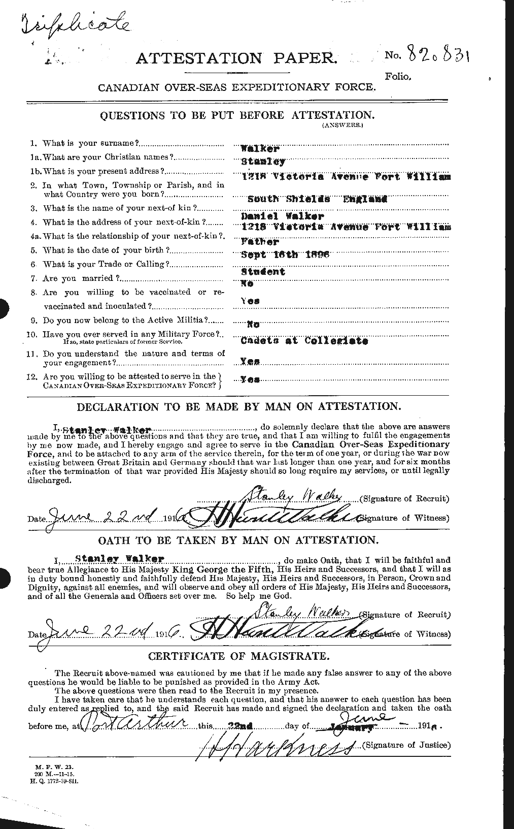 Dossiers du Personnel de la Première Guerre mondiale - CEC 655773a