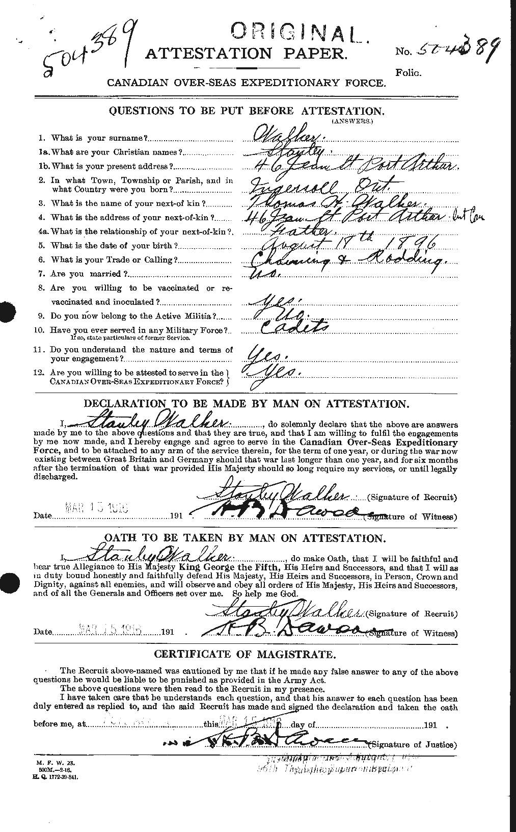 Dossiers du Personnel de la Première Guerre mondiale - CEC 655775a