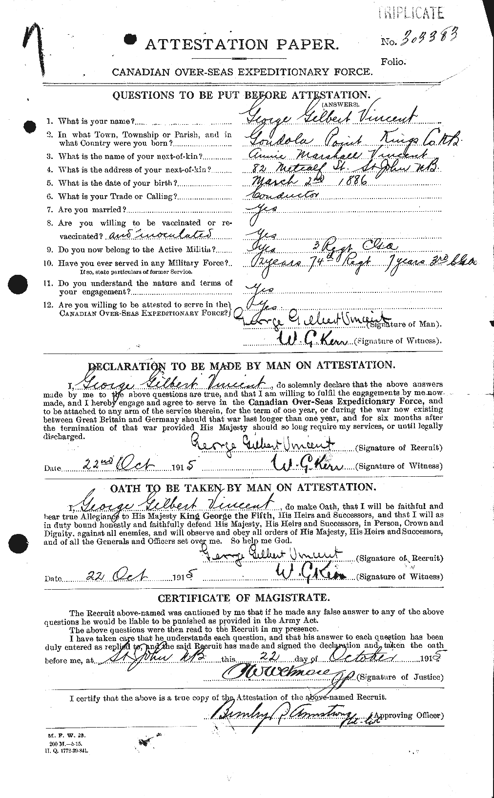 Dossiers du Personnel de la Première Guerre mondiale - CEC 656419a