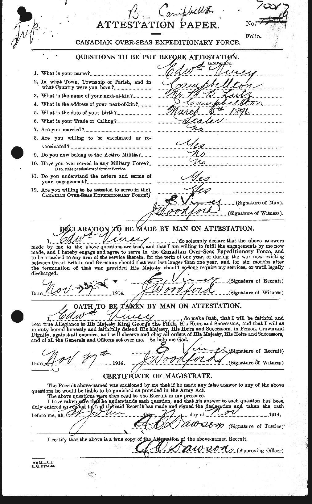 Dossiers du Personnel de la Première Guerre mondiale - CEC 656633a