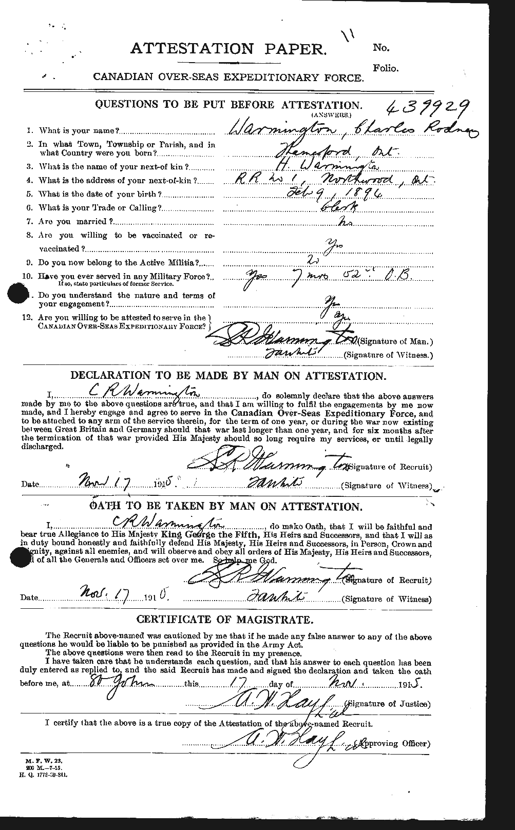 Dossiers du Personnel de la Première Guerre mondiale - CEC 657238a
