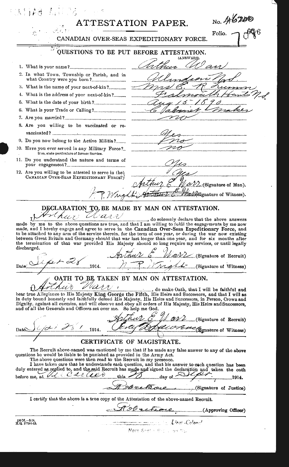 Dossiers du Personnel de la Première Guerre mondiale - CEC 657528a
