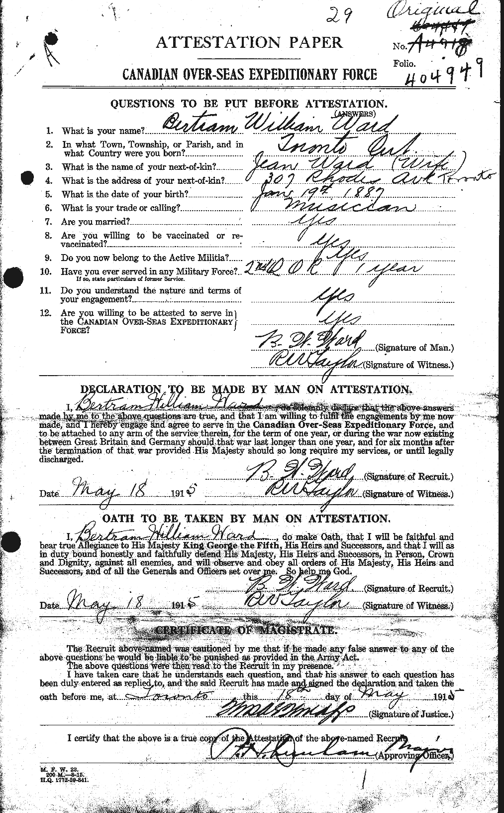 Dossiers du Personnel de la Première Guerre mondiale - CEC 657548a