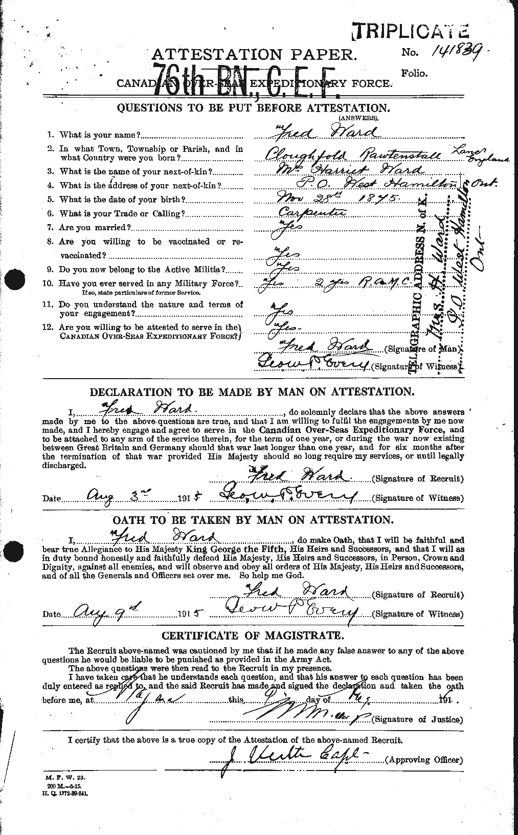 Dossiers du Personnel de la Première Guerre mondiale - CEC 657702a