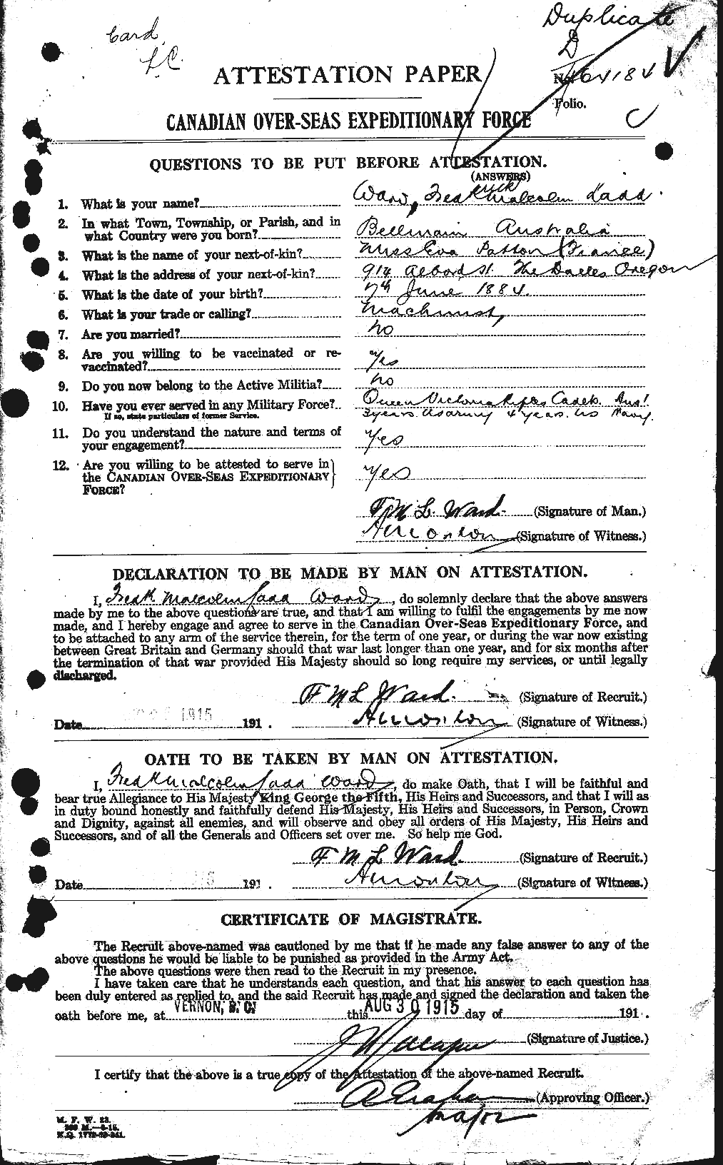 Dossiers du Personnel de la Première Guerre mondiale - CEC 657728a