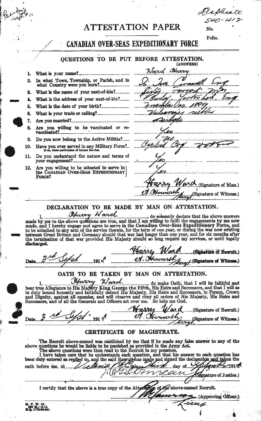 Dossiers du Personnel de la Première Guerre mondiale - CEC 657808a