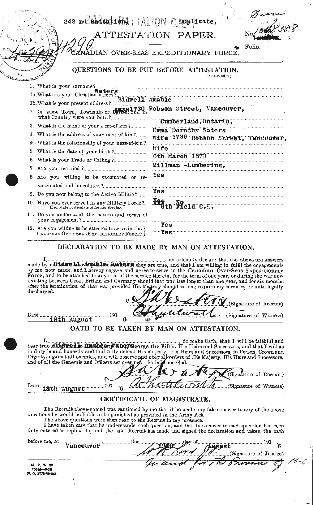 Dossiers du Personnel de la Première Guerre mondiale - CEC 658163a