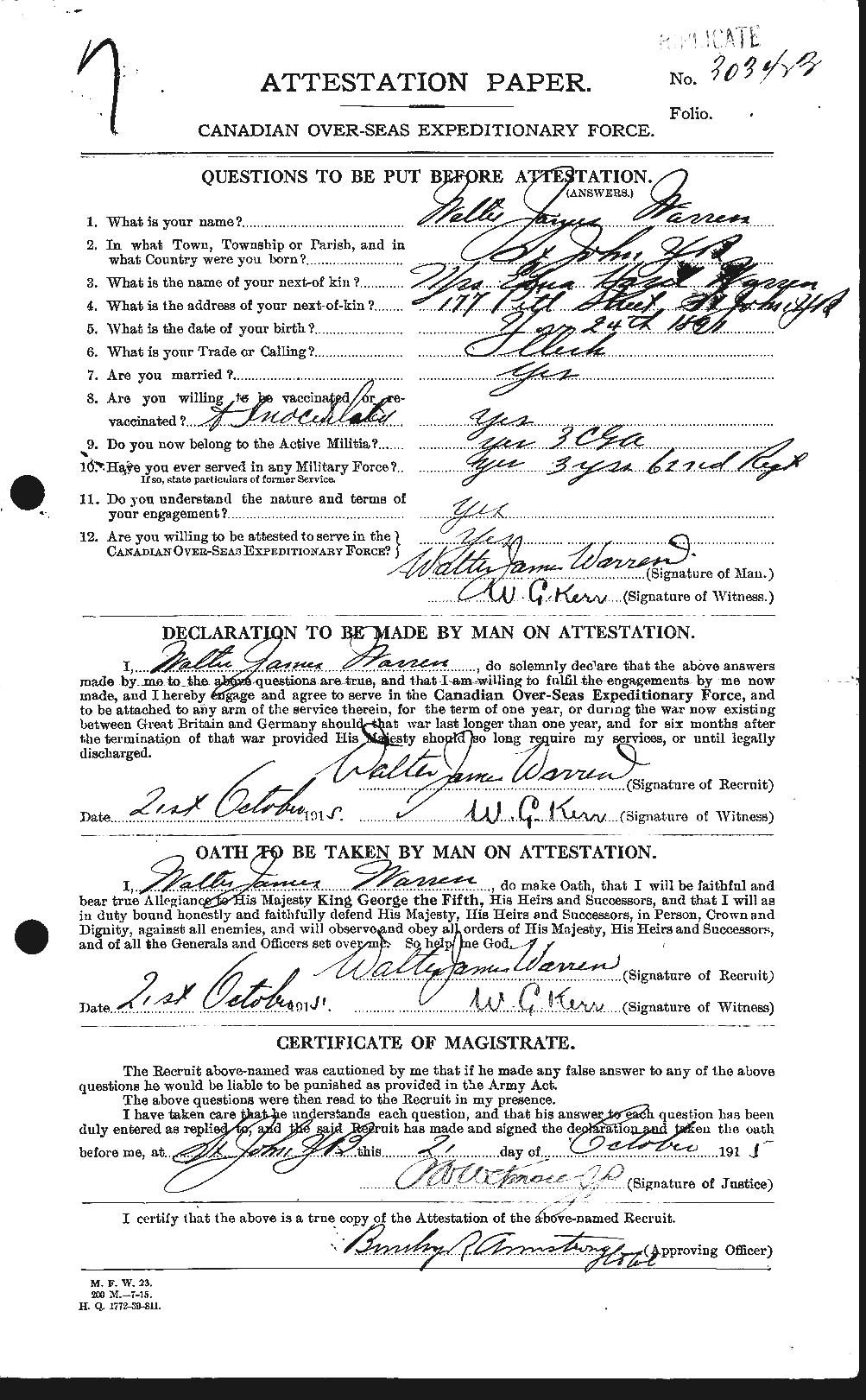 Dossiers du Personnel de la Première Guerre mondiale - CEC 658656a