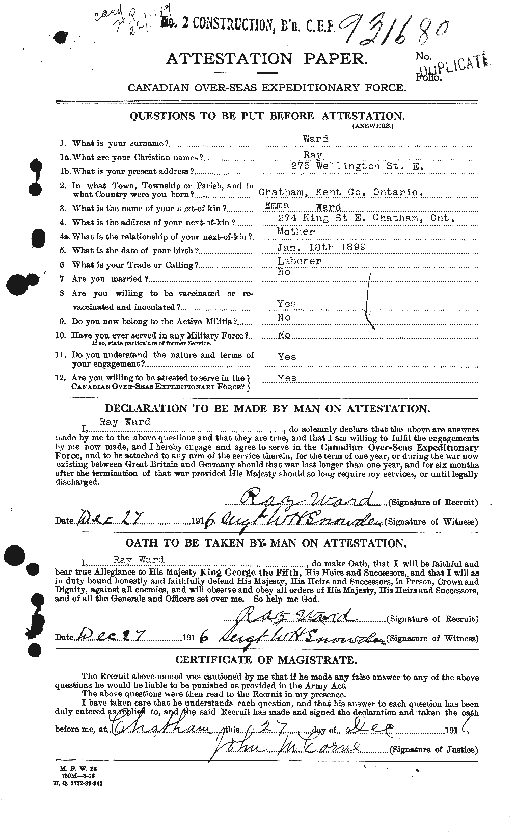 Dossiers du Personnel de la Première Guerre mondiale - CEC 659637a