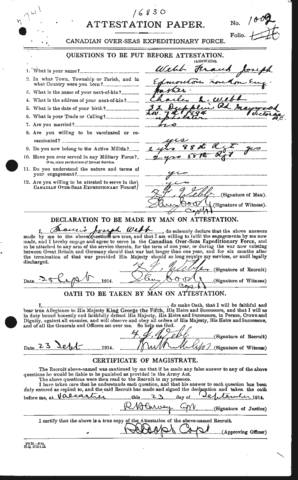 Dossiers du Personnel de la Première Guerre mondiale - CEC 661778a