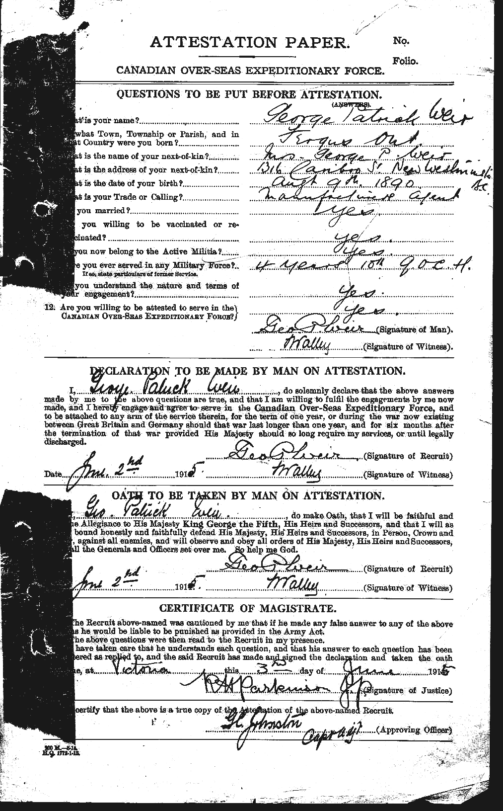 Dossiers du Personnel de la Première Guerre mondiale - CEC 663818a