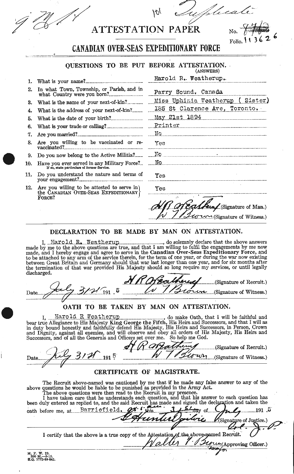Dossiers du Personnel de la Première Guerre mondiale - CEC 664287a