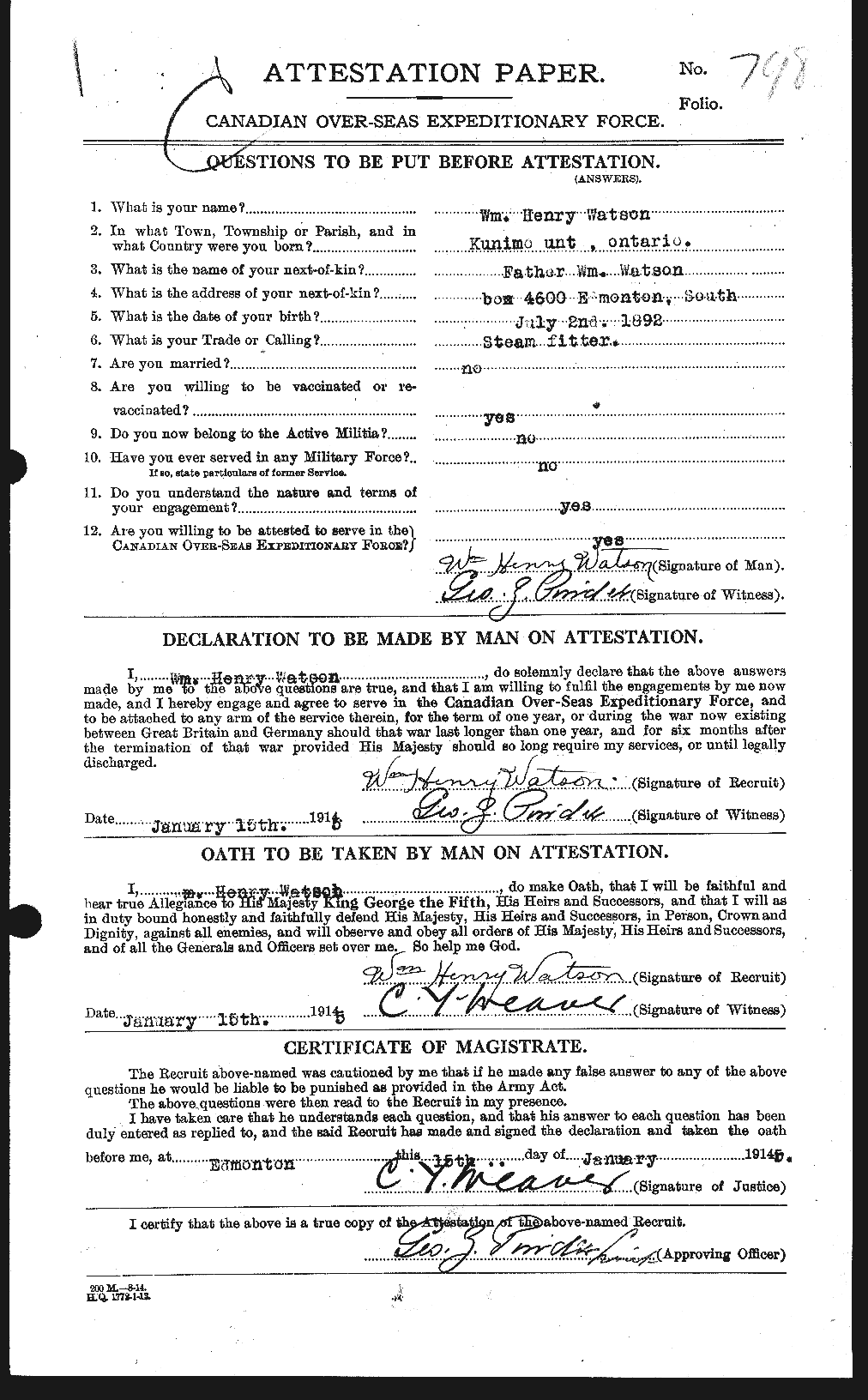 Dossiers du Personnel de la Première Guerre mondiale - CEC 664311a