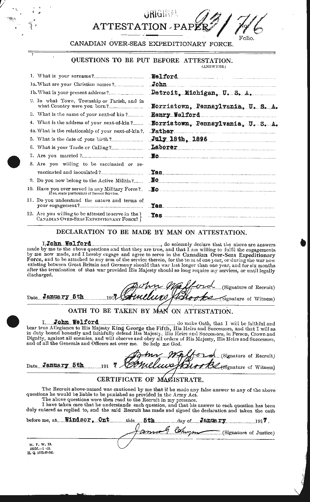 Dossiers du Personnel de la Première Guerre mondiale - CEC 664811a