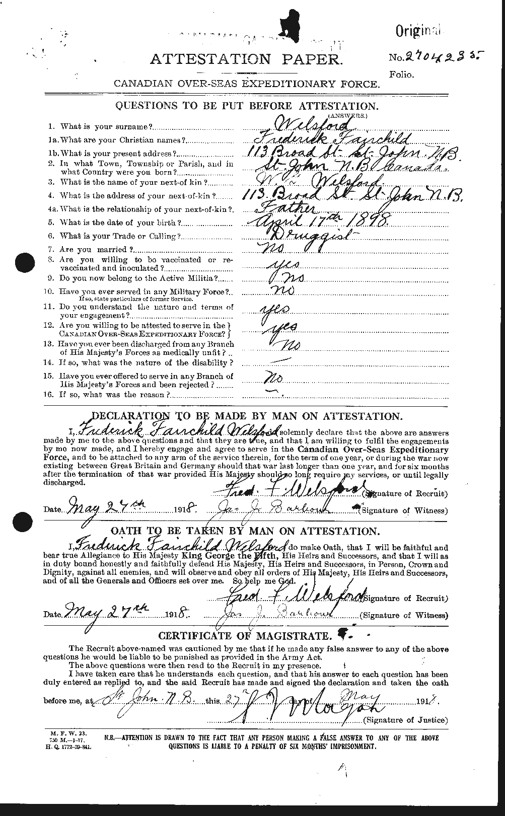 Dossiers du Personnel de la Première Guerre mondiale - CEC 665402a
